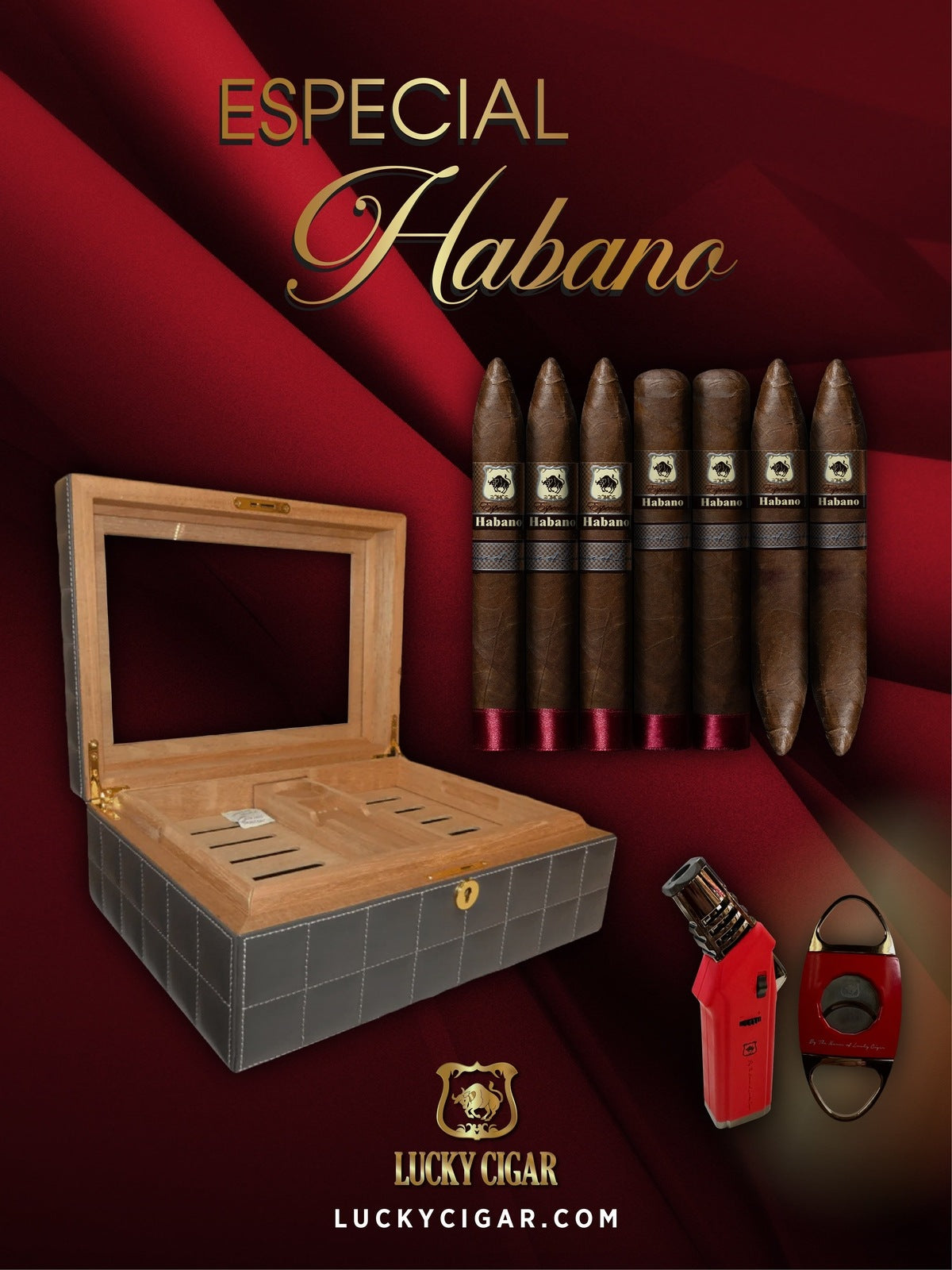 Habano Cigars: Especial Habano by Lucky Cigar: Set of 6 Cigars 2 Toro, 3 Torpedo, 2 Perfecto with Torch, Travel Humidor, Cutter