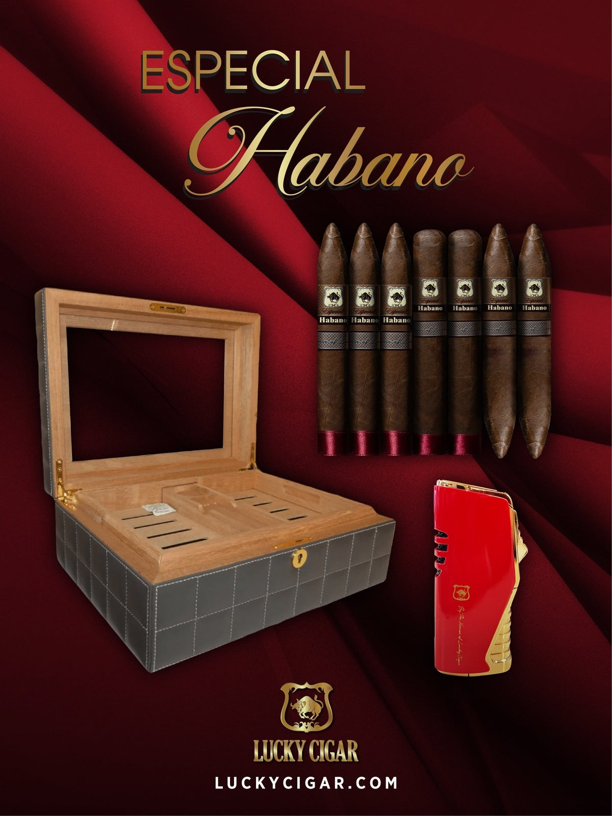 Habano Cigars: Especial Habano by Lucky Cigar: Set of 7 Cigars 3 Torpedo, 2 Perfecto, 2 Toro with Travel Humidor and Torch