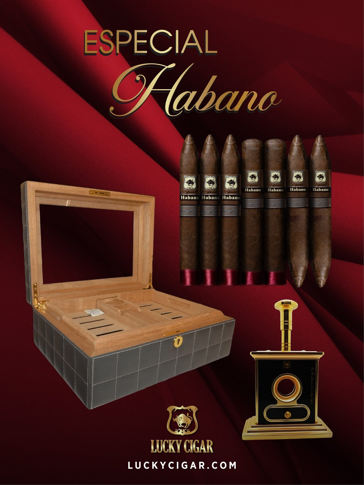 Habano Cigars: Especial Habano by Lucky Cigar: Set of 6 Cigars 2 Toro, 3 Torpedo, 2 Perfecto with Torch, Travel Humidor