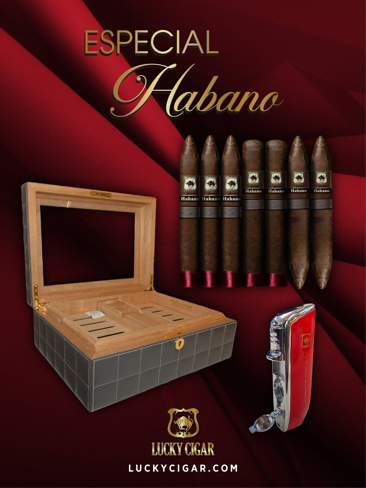 Habano Cigars: Especial Habano by Lucky Cigar: Set of 7 Cigars 3 Torpedo, 2 Perfecto, 2 Toro with Travel Humidor and Torch