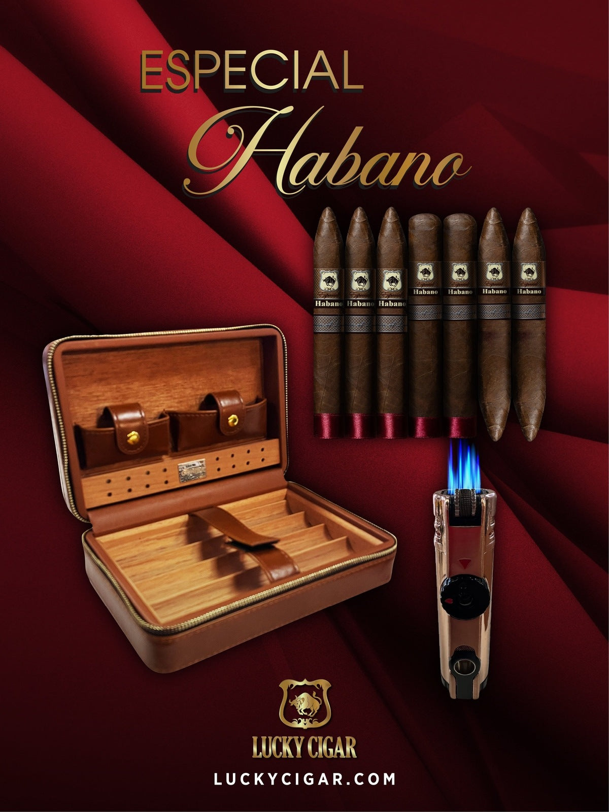 Habano Cigars: Especial Habano by Lucky Cigar: Set of 7 Cigars 2 Toro, 3 Torpedo, 2 Perfecto with Travel Humidor, Torch