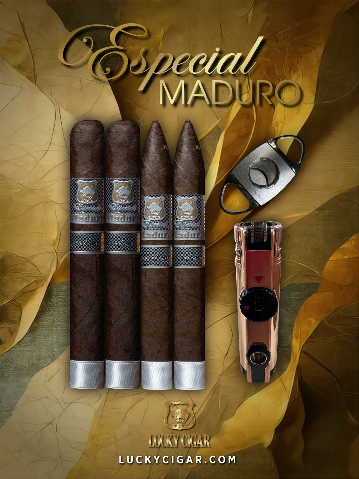 Maduro Cigars: Especial Maduro by Lucky Cigar: Set of 4 Cigars, 2 Toro, 2 Torpedo with Torch, Cutter