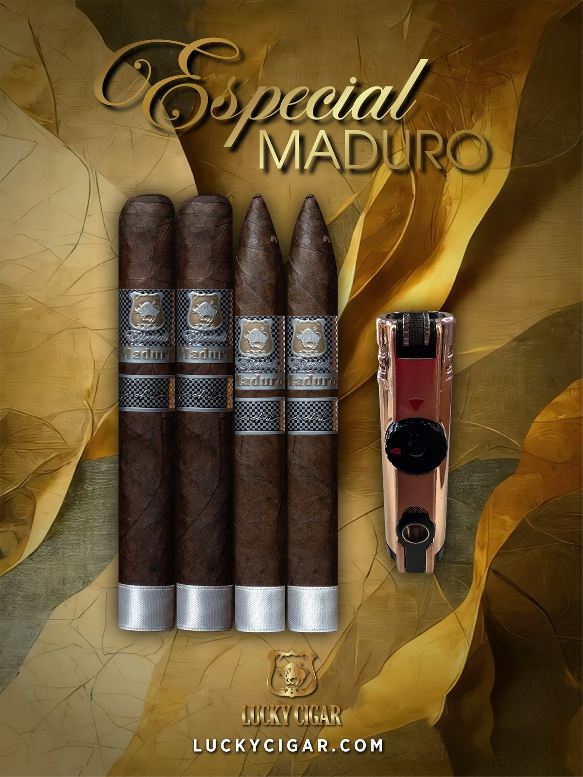 Maduro Cigars: Especial Maduro by Lucky Cigar: Set of 4 Cigars, 2 Toro, 2 Torpedo with Torch