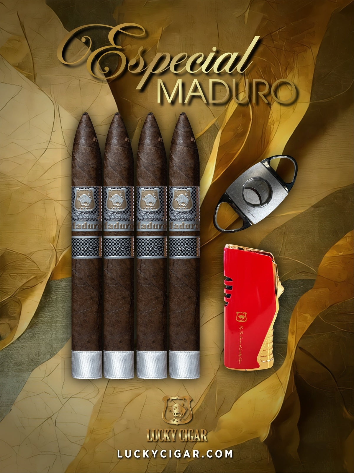 Maduro Cigars: Especial Maduro by Lucky Cigar: Set of 4 Cigars, 4 Torpedo with Torch, Cutter