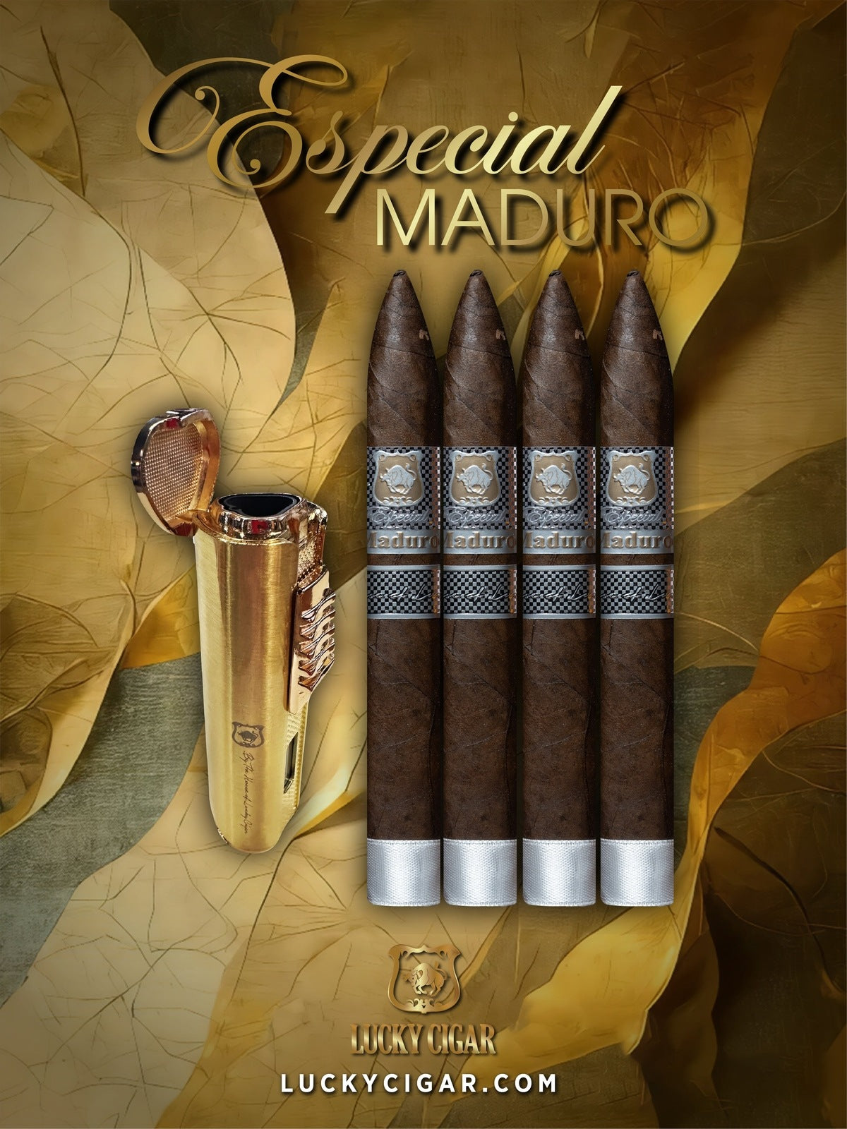 Lucky Cigar Sampler Sets: Set of 4 Especial Maduro Torpedo 6x52 Cigars with Lighter