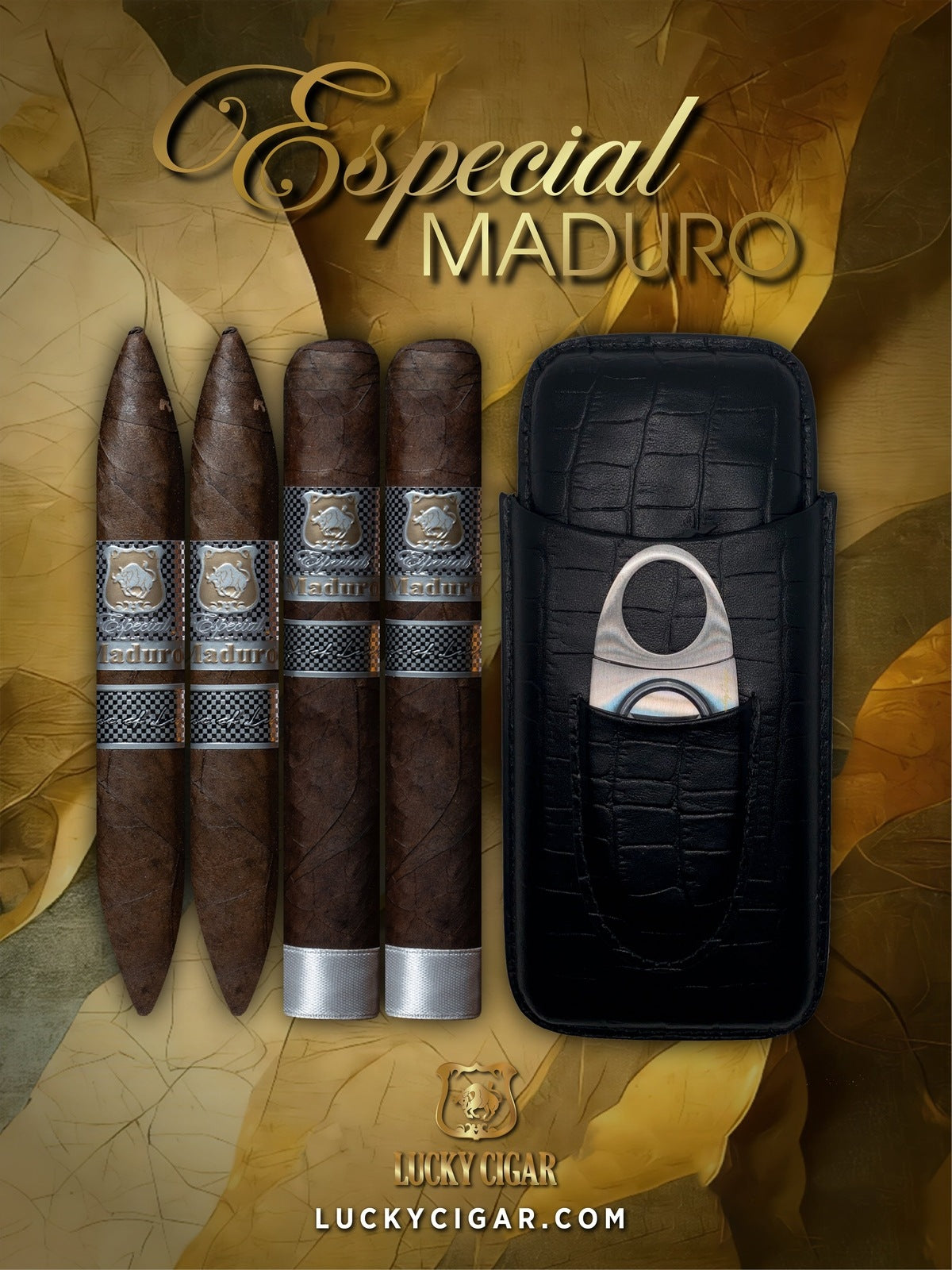 Maduro Cigars: Especial Maduro by Lucky Cigar: Set of 4 Cigars, 2 Toro, 2 Torpedo with Travel Humidor