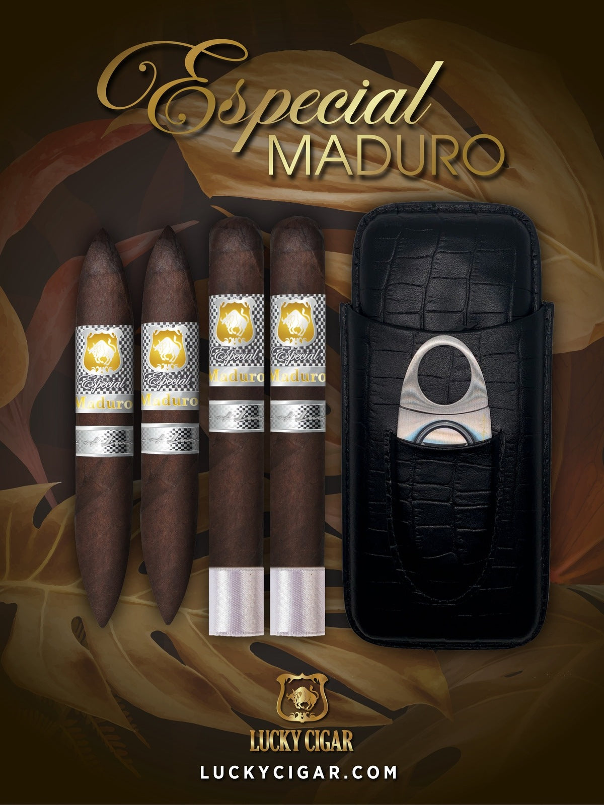 Maduro Cigars: Especial Maduro by Lucky Cigar: Set of 4 Cigars, 2 Toro, 2 Torpedo with Travel Humidor