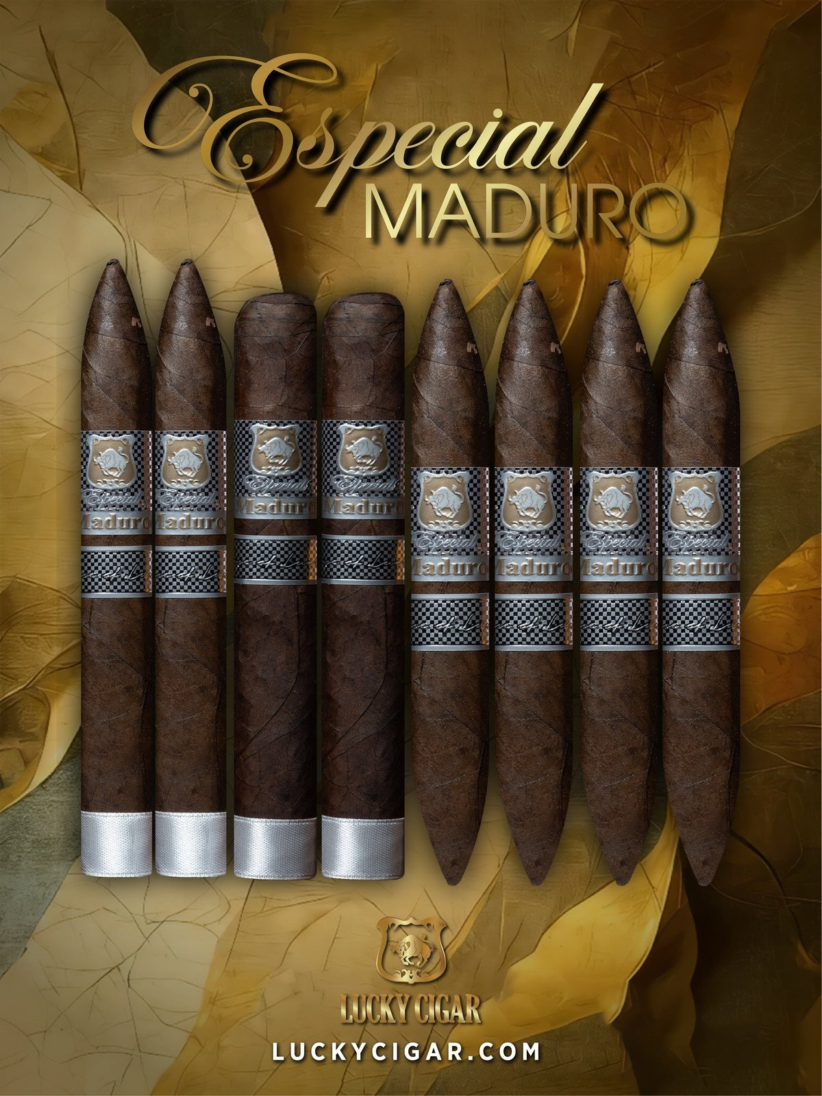 Maduro Cigars: Especial Maduro by Lucky Cigar: Set of 8 Cigars, 2 Torpedo, 2 Toro, 4 Perfecto