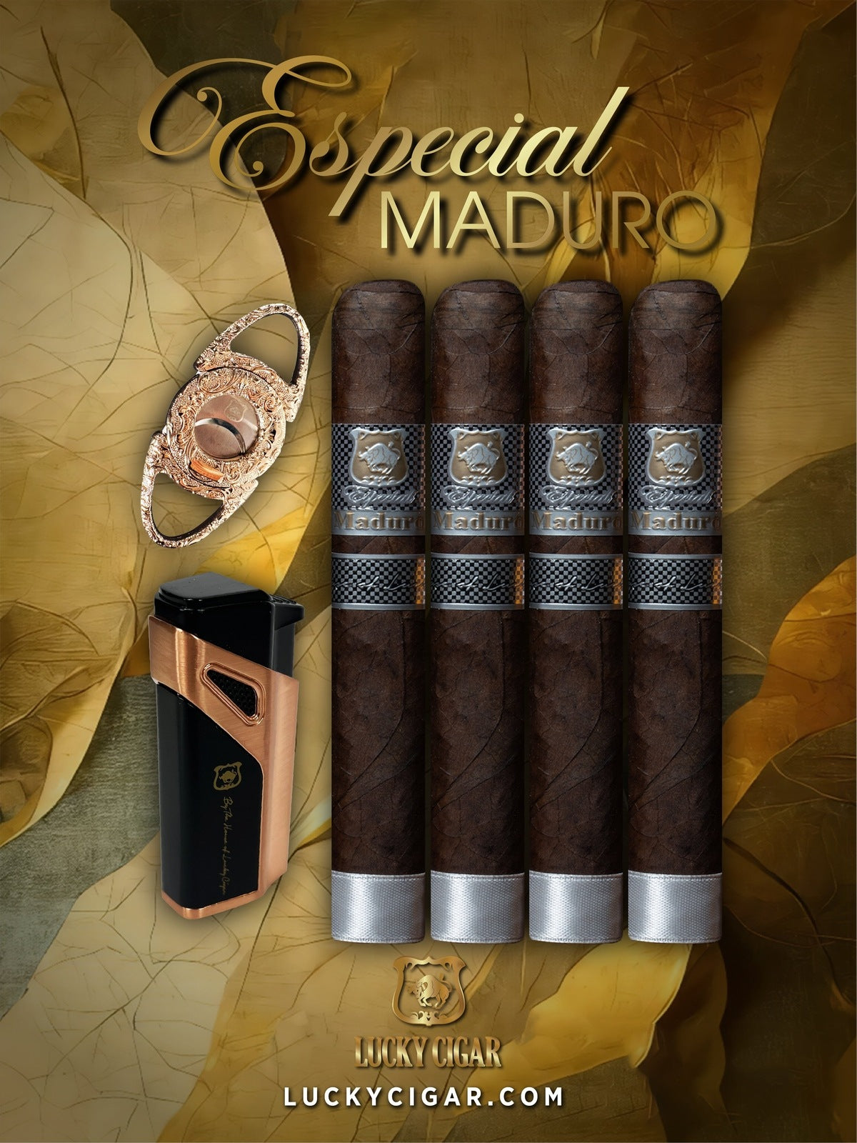 Maduro Cigars: Especial Maduro by Lucky Cigar: Set of 4 Cigars, 4 Toro with Torch, Cutter