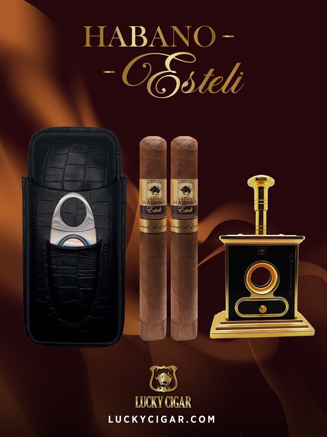 Table Cutter & 2 Churchill Habano Cigars w/ Travel Humidor – Lucky Cigar