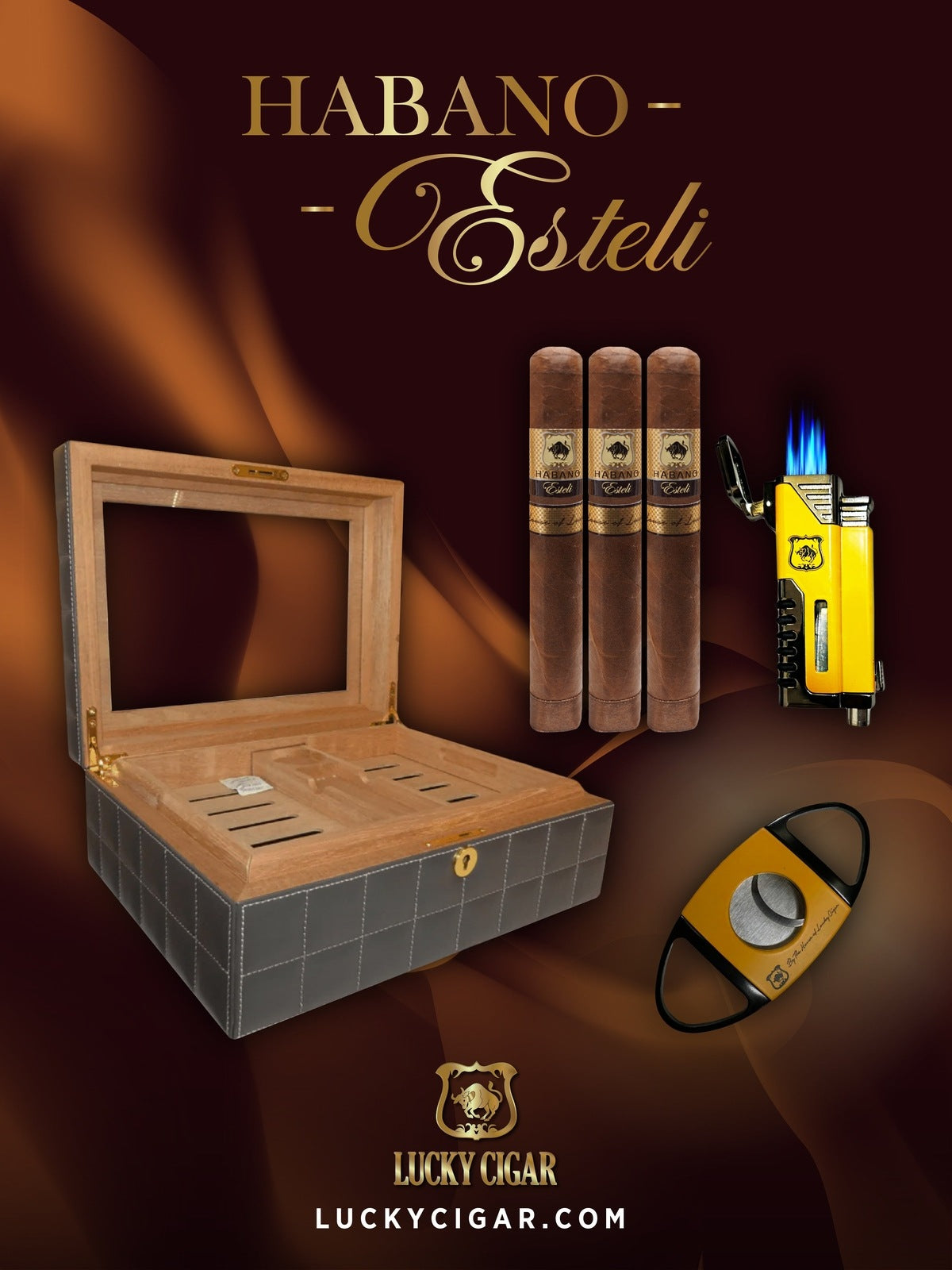 Cigar Gift Sets: 3 Habano Esteli Toro Cigars, Desk Humidor, Cutter, Torch