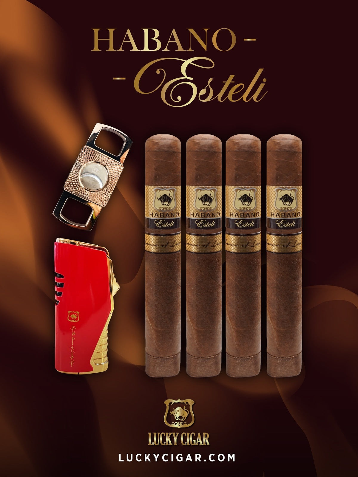 Habano Cigars: Habano Esteli by Lucky Cigar: Set of 4 Cigars, 4 Gordo with Cutter, Lighter