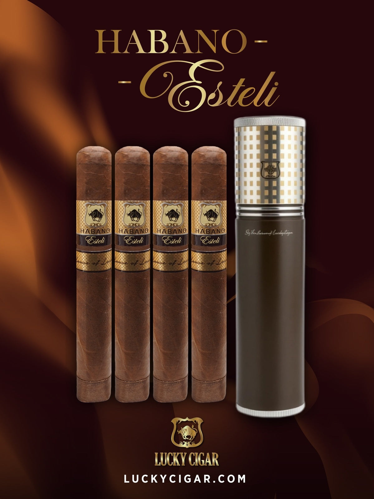 Habano Cigars: Habano Esteli by Lucky Cigar: Set of 4 Cigars, 4 Toro 6x50 with Brown Metal Travel Humidor