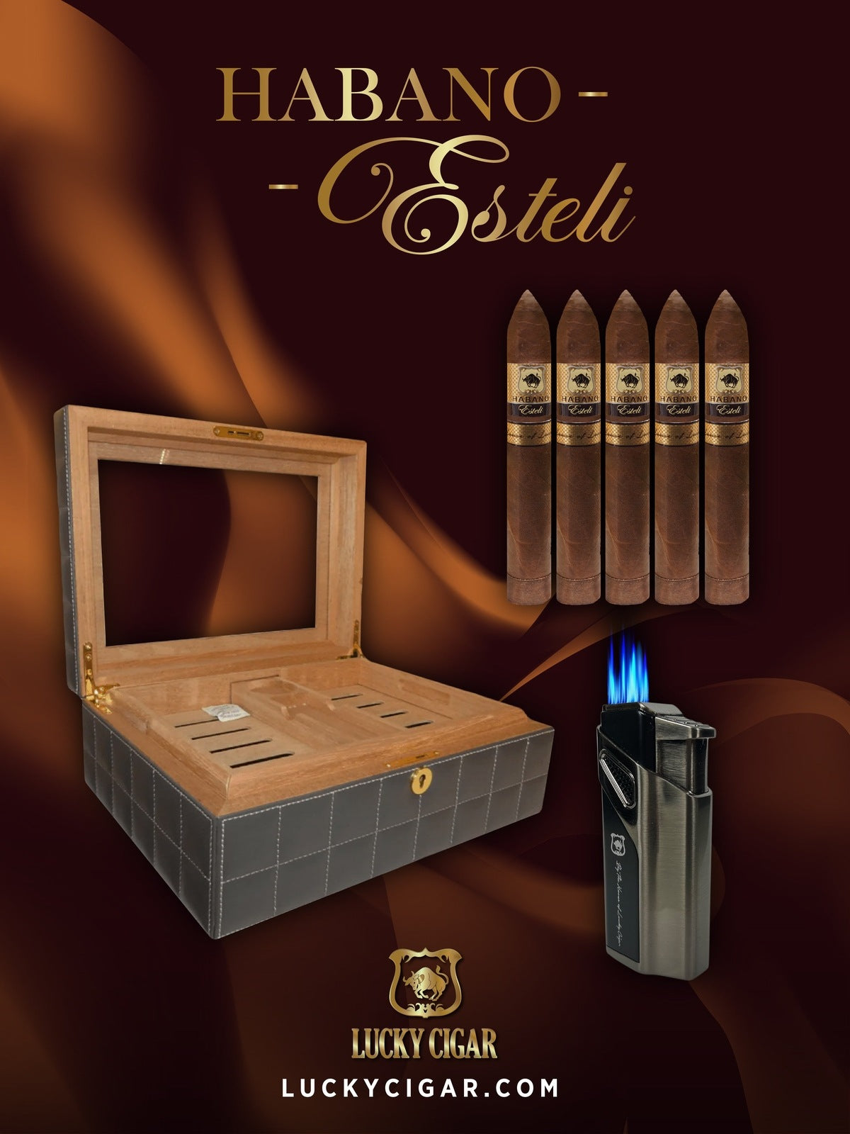 Habano Cigars: Habano Esteli by Lucky Cigar: Set of 5 Cigars, 5 Torpedo with Torch, Desk Humidor