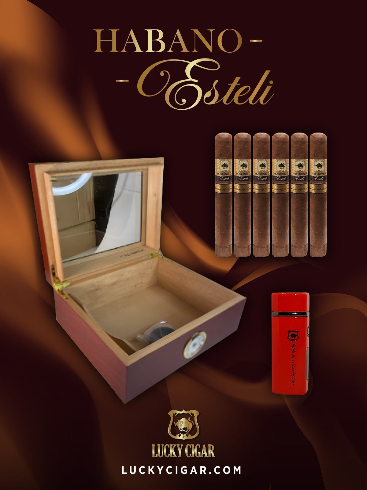Lucky Cigar Sampler Sets: Set of 6 Habano Esteli Toro Cigars with Torch, Desk Humidor