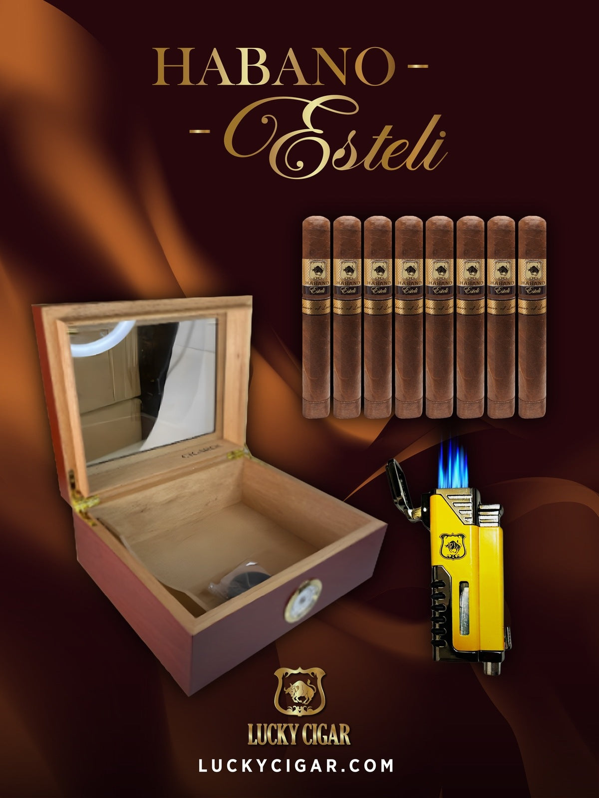 Lucky Cigar Sampler Sets: Set of 8 Habano Esteli Toro Cigars with Torch, Desk Humidor
