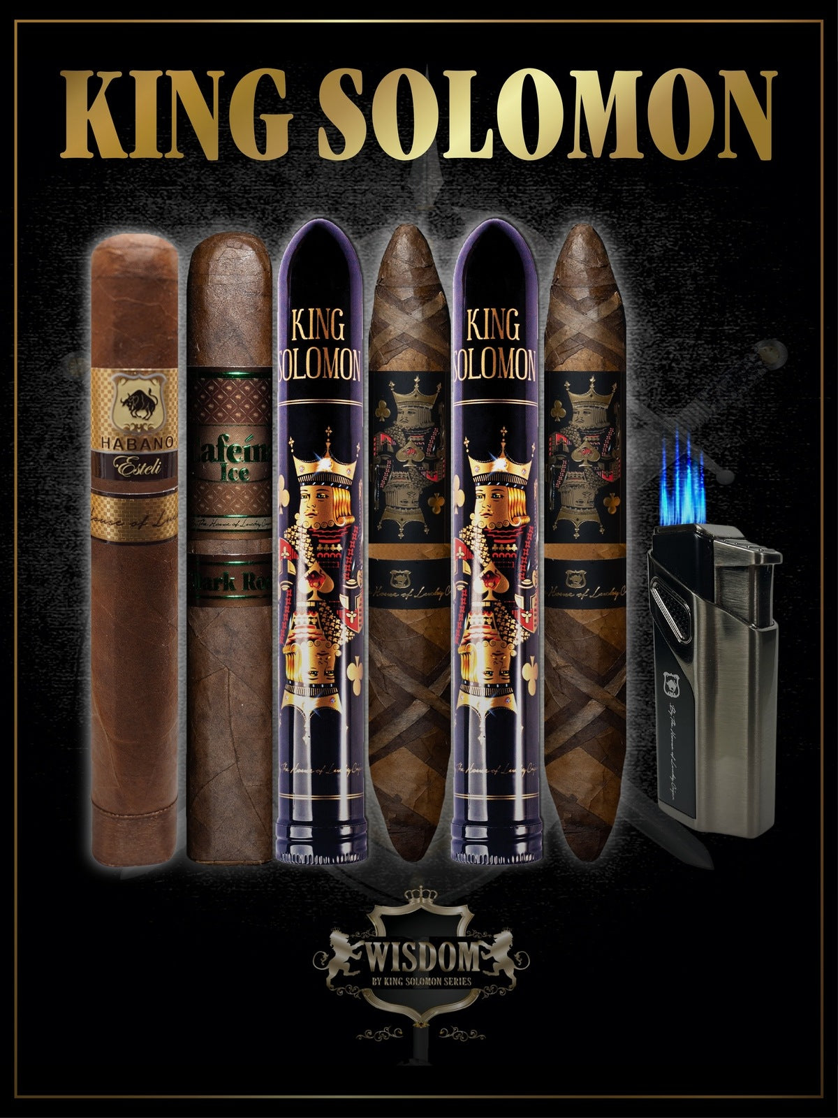From The King Solomon Series: 2 Solomon 7x60 Cigars, 1 Cafeina Dark 5x58, 1 Habano Esteli 6x60 with Torch Lighter Set