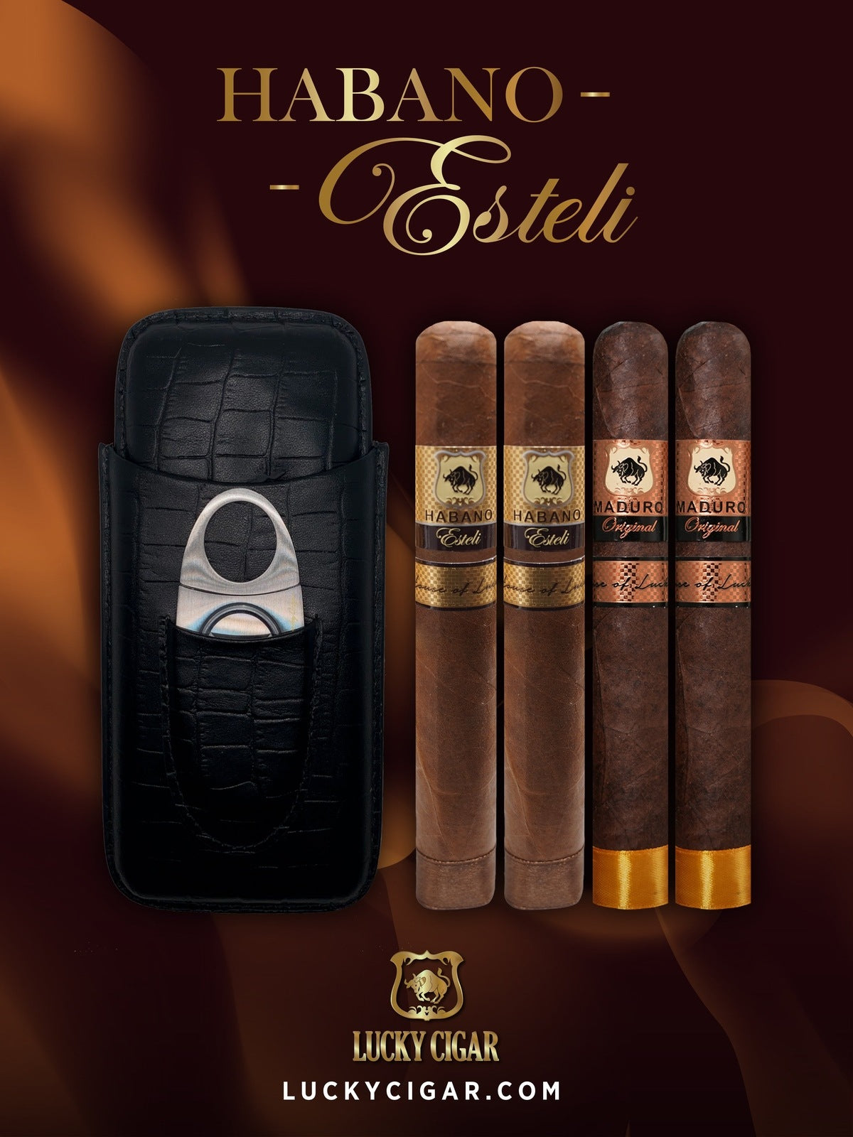 Lucky Cigar Sampler Sets: Set of 4 Toro Cigars, Habano Esteli, Maduro Original with Travel Humidor Case