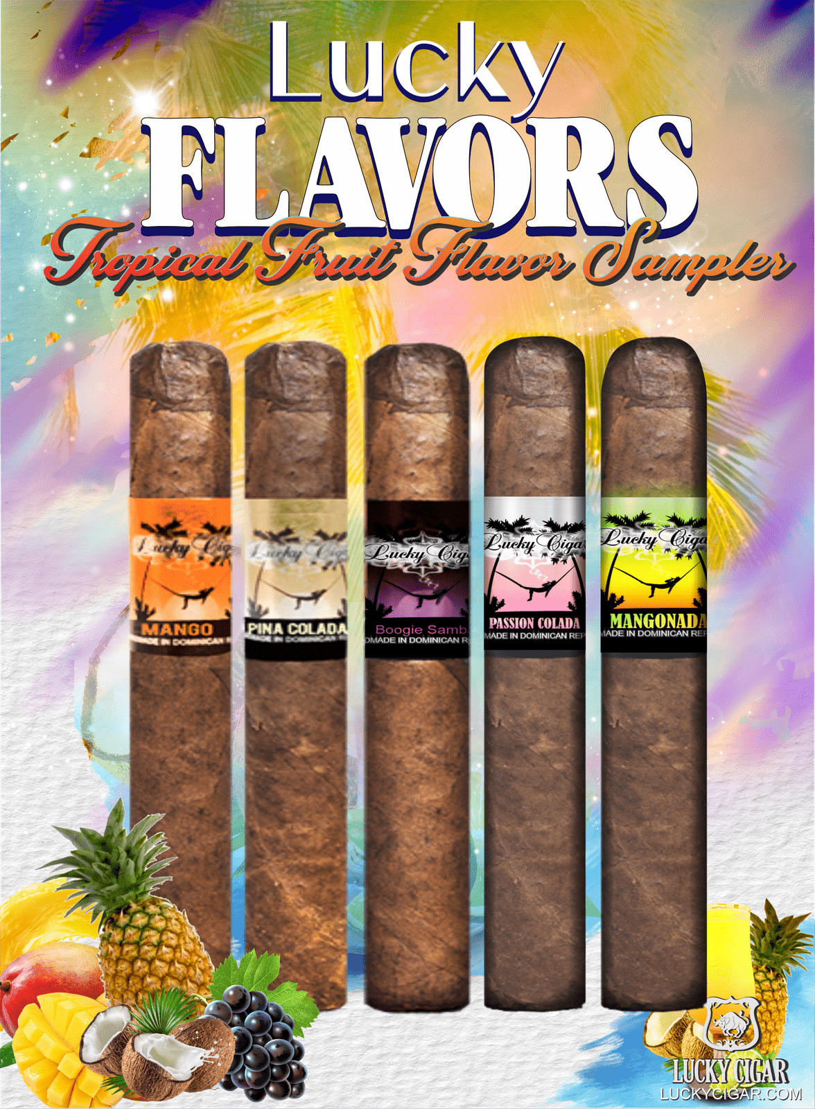 Flavored Cigars: Lucky Flavors 5 Piece Tropical Fruit Sampler - Pina Colada, Boogie Samba, Mangonada, Passion Colada, Mango