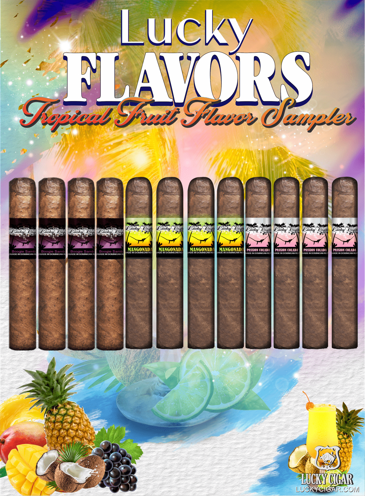 Flavored Cigars: Lucky Flavors 12 Piece Tropical Fruit Sampler - Boogie, Mangonada, Passion 4 Boogie Samba 5x42 Cigars 4 Mangonada 5x42 Cigars 4 Passion Colada 5x42 Cigars