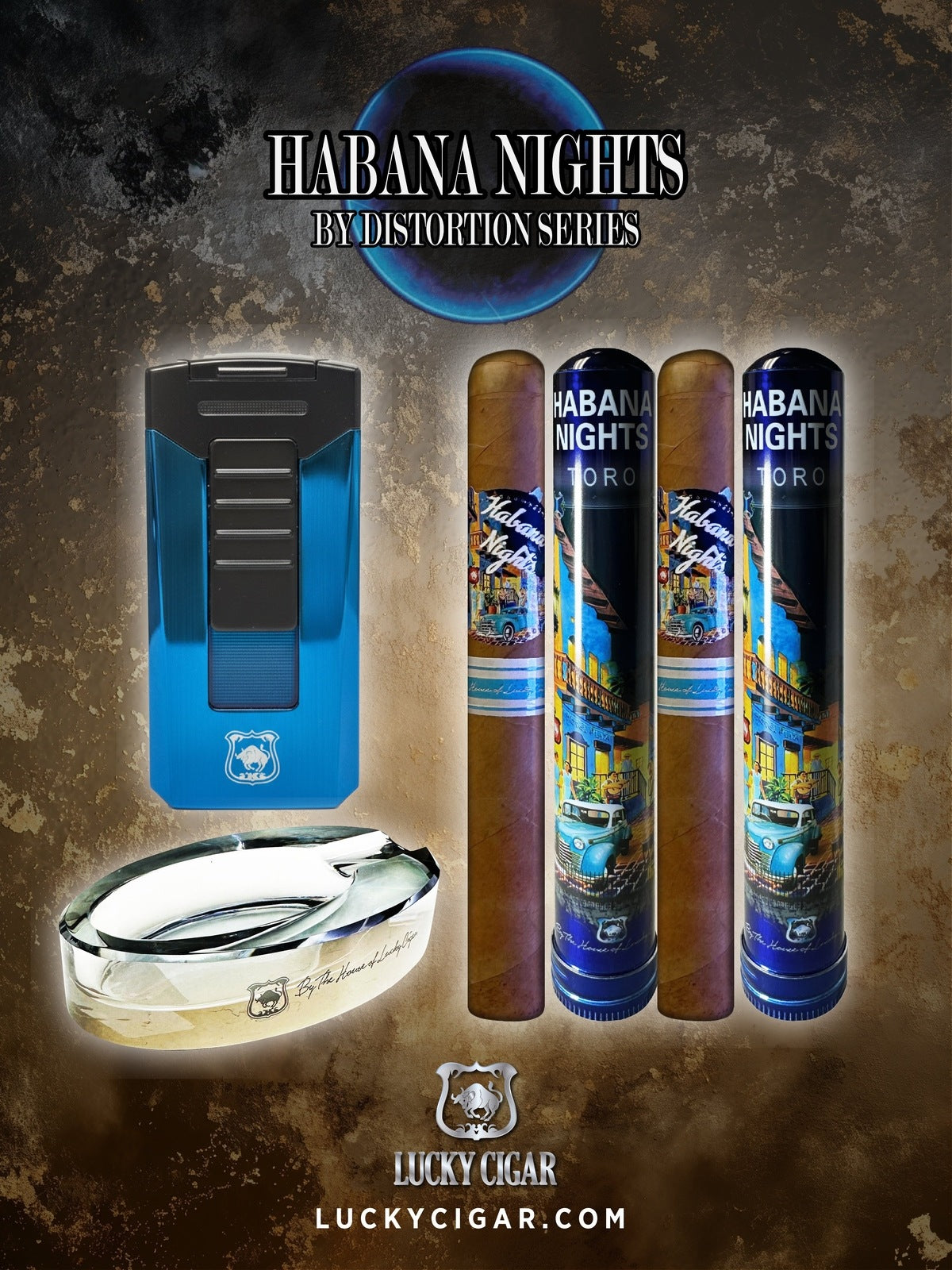 Habana Nights 6x50 Cigar From The Distortion Series: 2 Cigars with Torch, Crystal Ashtray