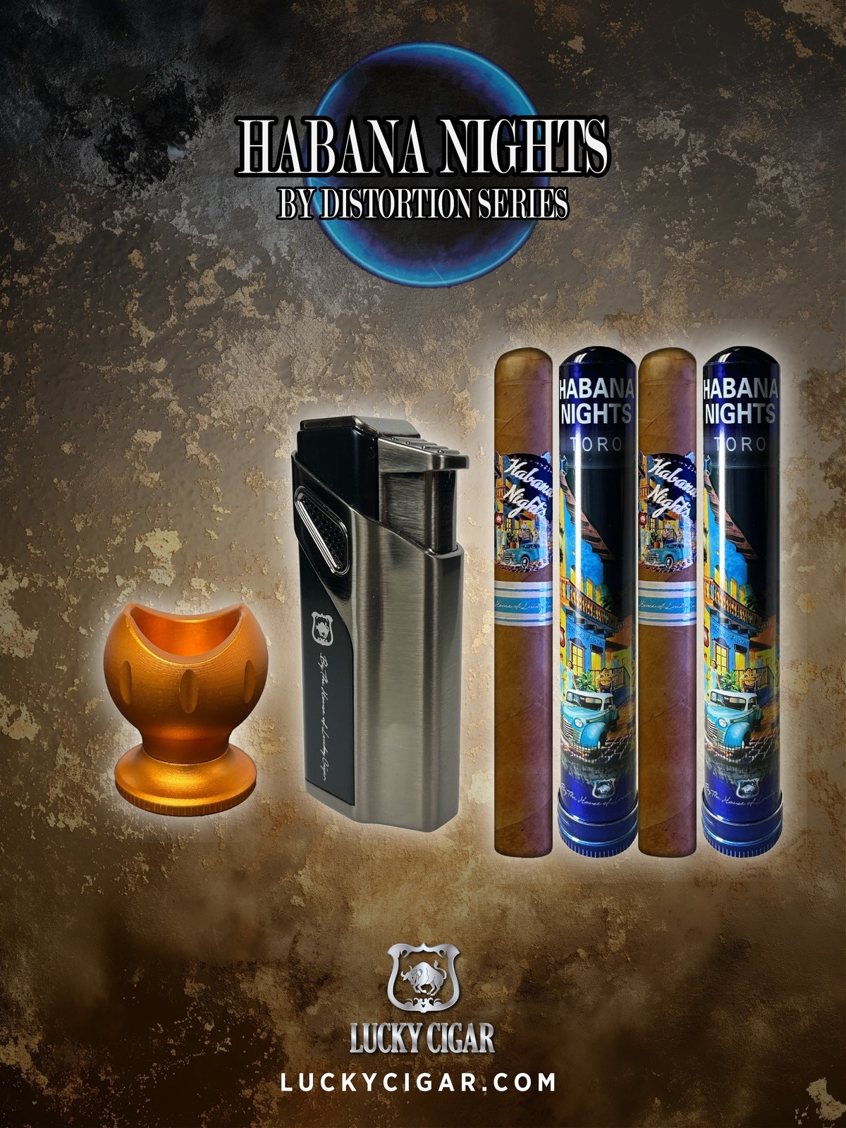 Habana Nights 6x50 Cigar From The Distortion Series: 2 Cigars with Turbo Torch, Cigar Holder