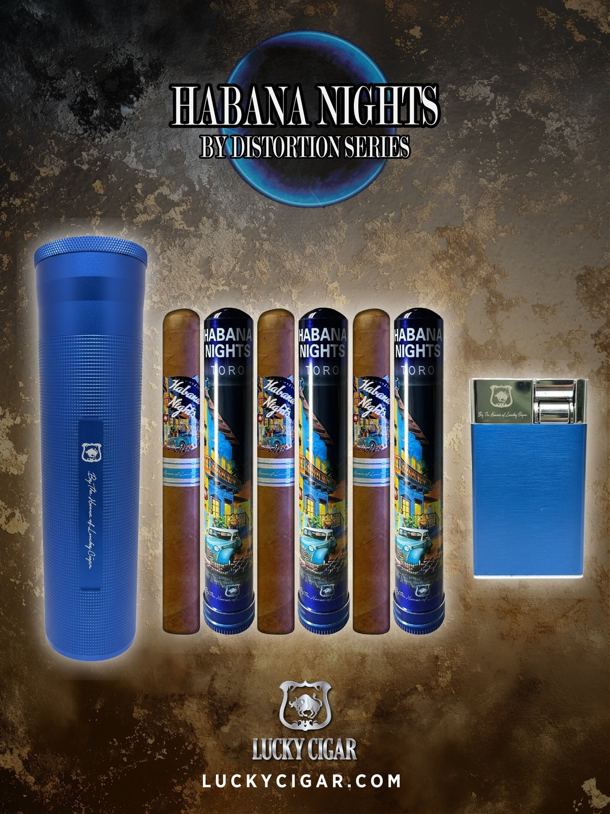 Habana Nights 6x50 Cigar From The Distortion Series: 3 Cigars with Torch, Travel Humidor