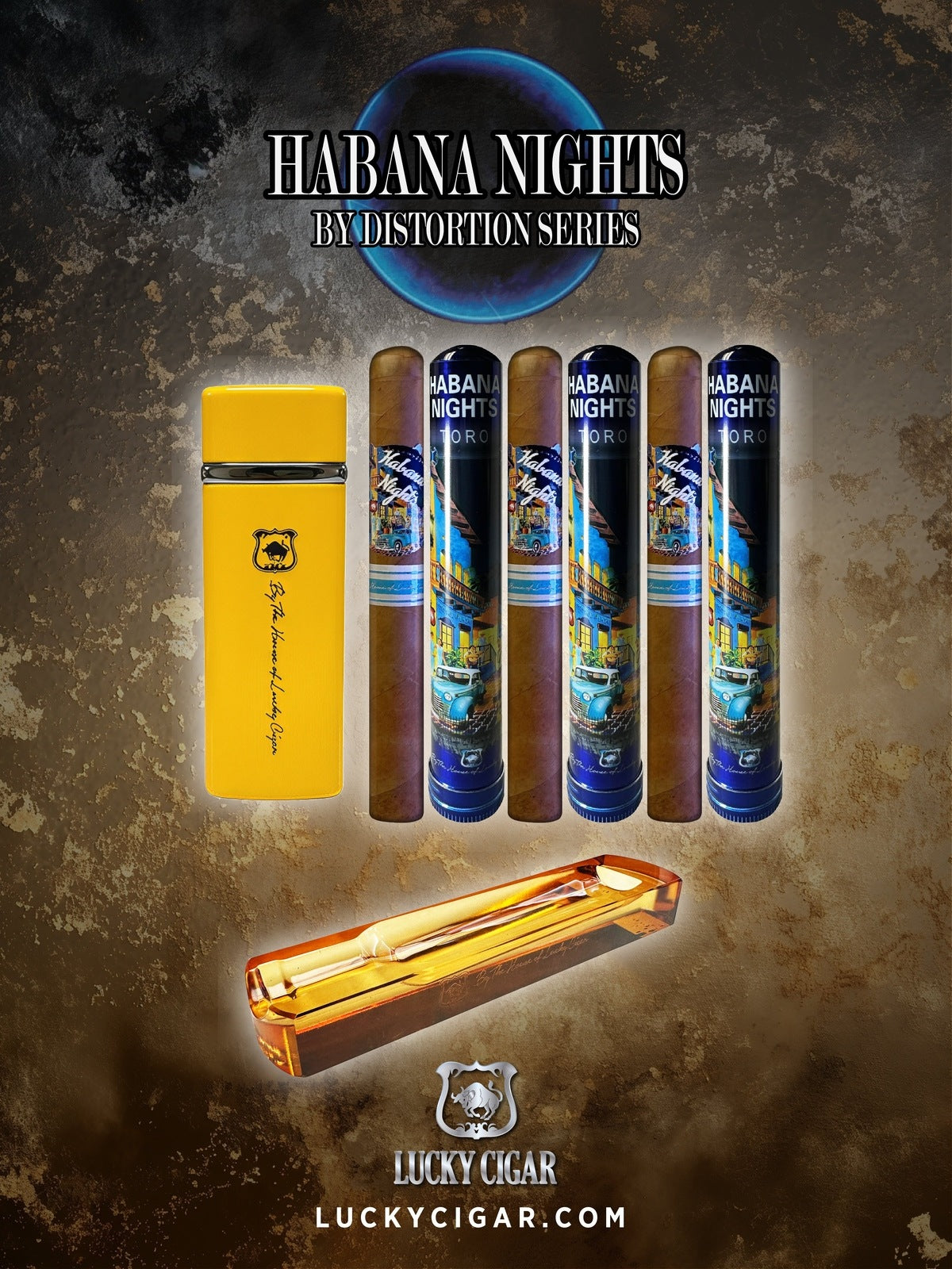 Habana Nights 6x50 Cigar From The Distortion Series: 3 Cigars with Ashtray, Torch Yellow