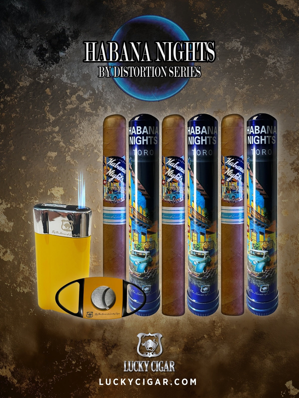 Habana Nights 6x50 Cigar From The Distortion Series: 3 Cigars with Torch, Delta Cutter Yellow