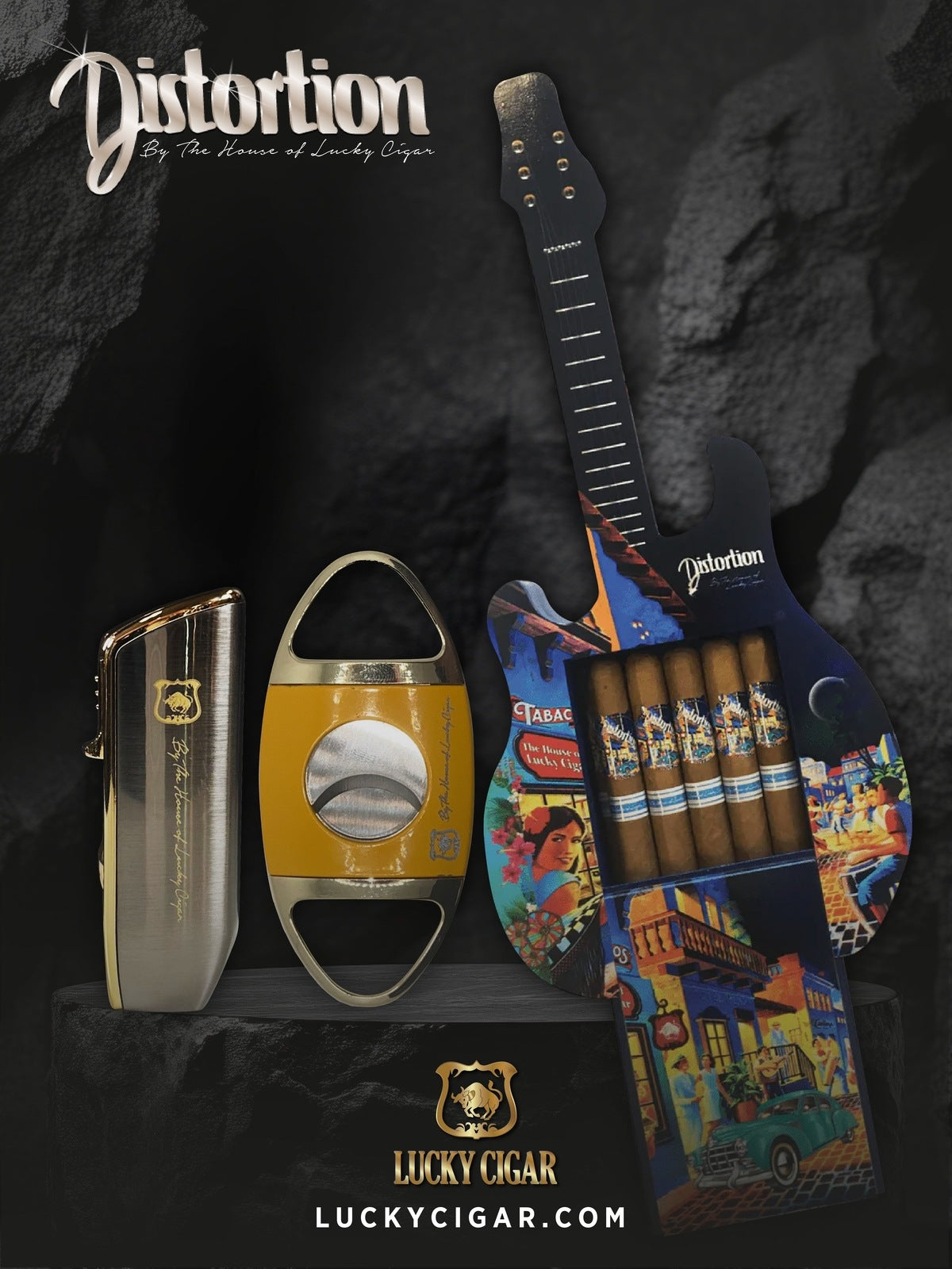 The Distortion Set: Distortion Guitar Box of 10 Toro Cigars with Torch Lighter and Cutter
