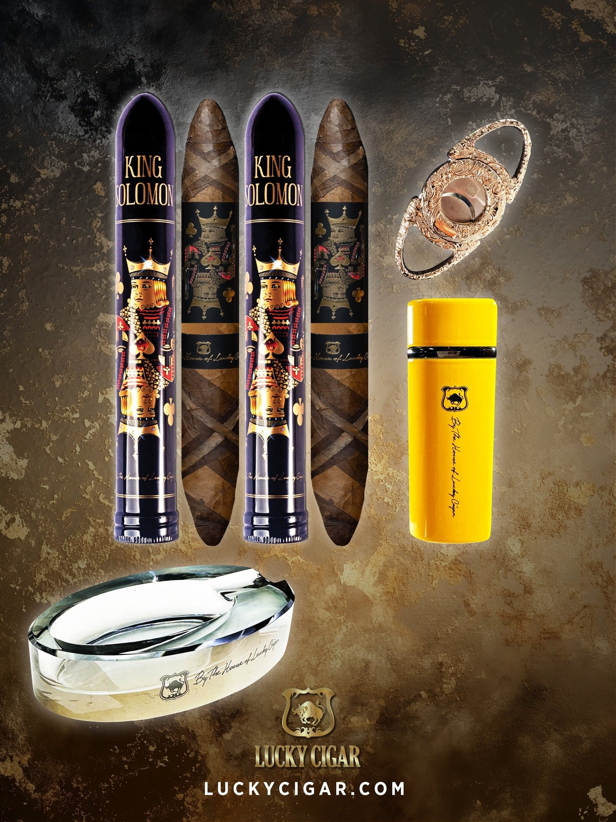 Lucky Ashtrays and Cigar Gift Sets: 2 King Solomon Cigars, Glass Ashtray, Cutter, Torch