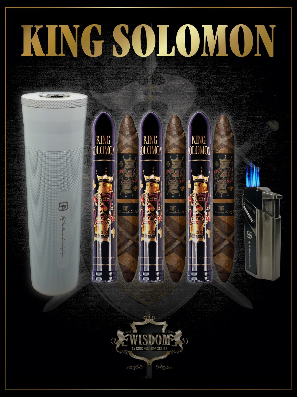 From The King Solomon Series: 3 Solomon 7x60 Cigars with Torch and Travel Humidor Set