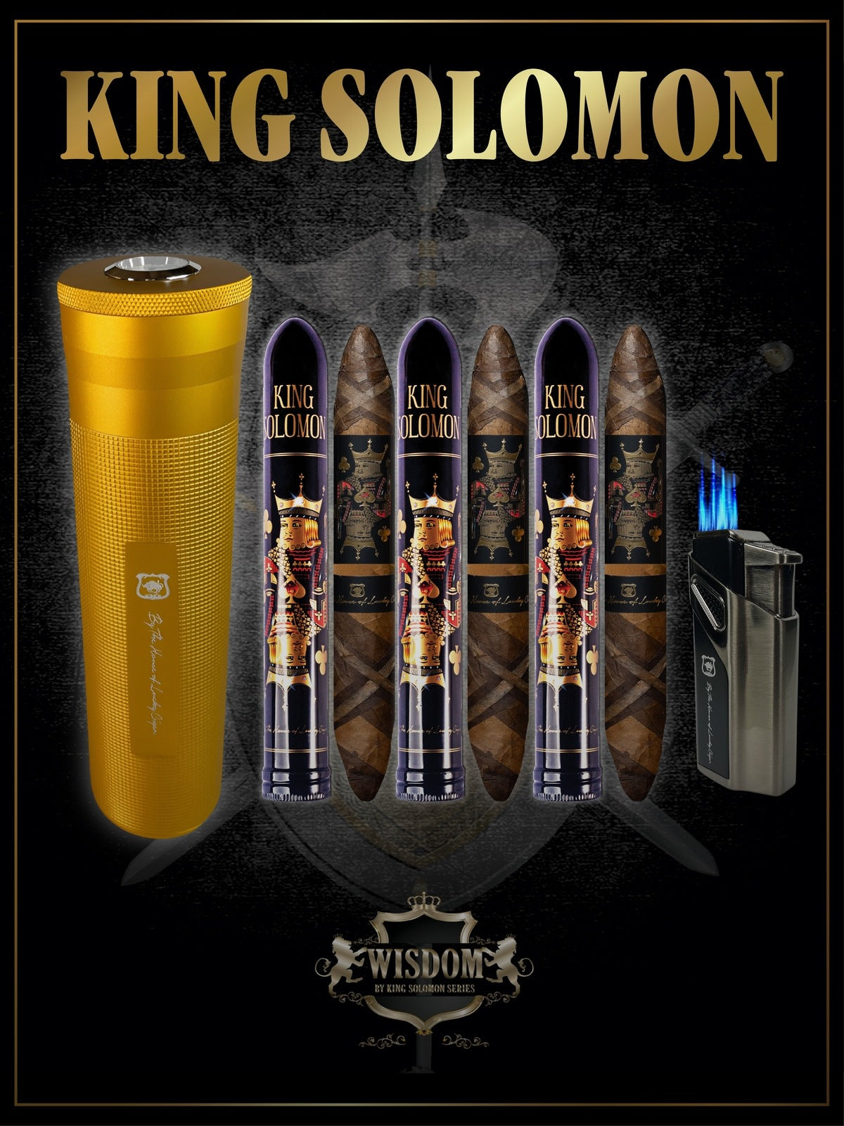 From The King Solomon Series: 3 Solomon 7x60 Cigars with Torch and Travel Humidor Set