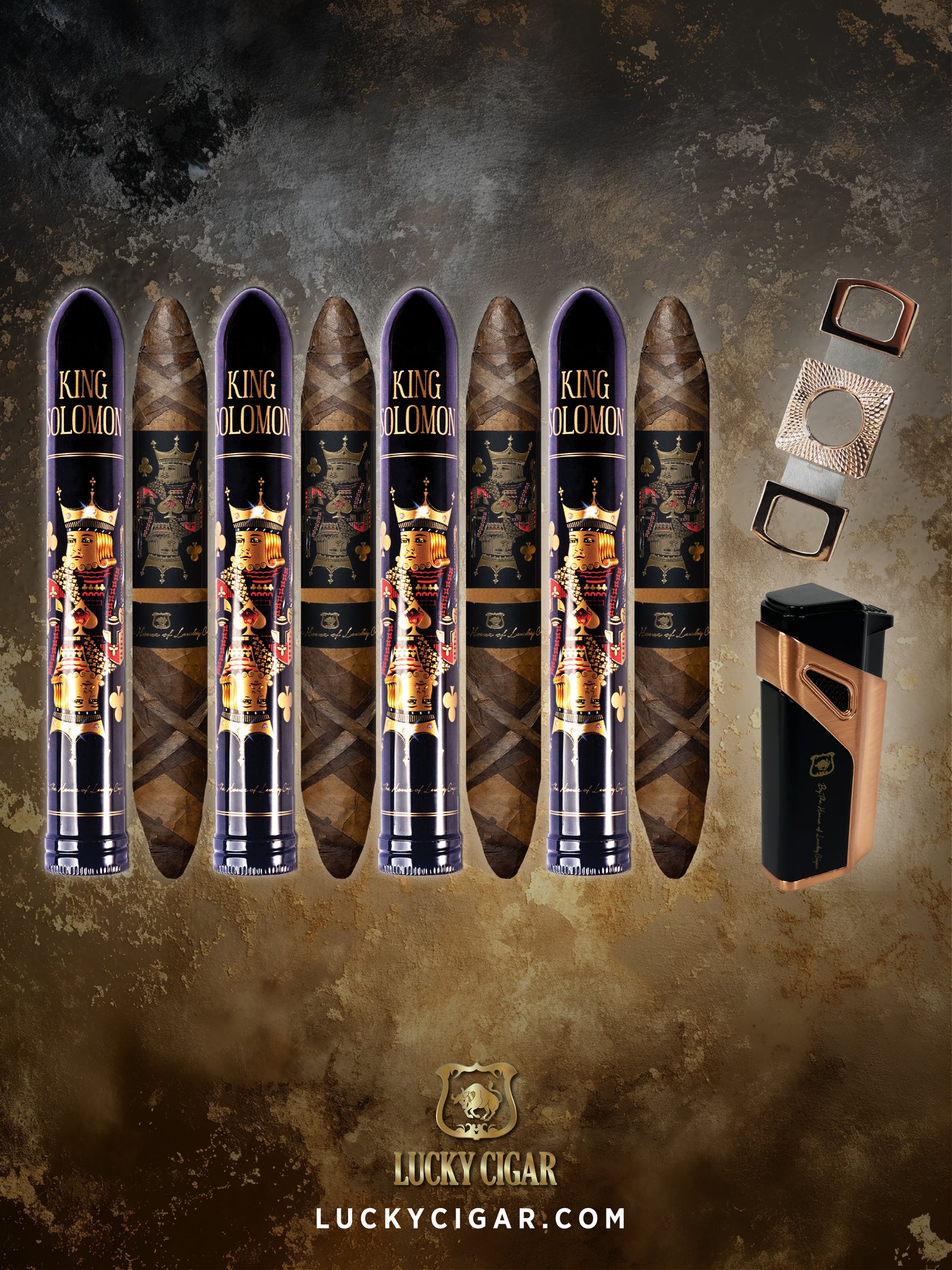 Lucky Cigar Sampler Sets: Set of 4 King Solomon 7x58 Cigars with Torch, Cutter
