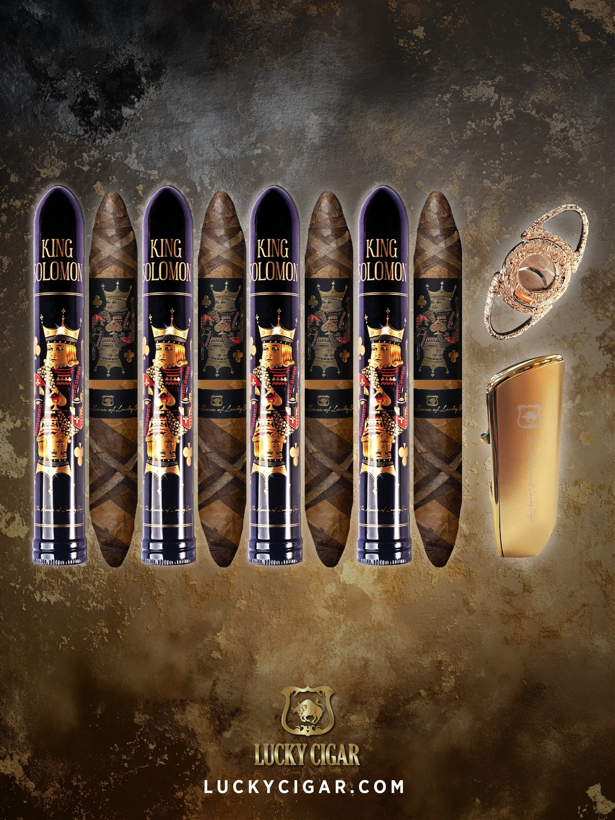 Lucky Cigar Sampler Sets: Set of 4 King Solomon Cigars with Cutter, Torch