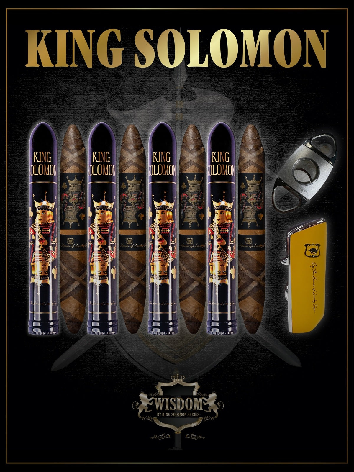 From The King Solomon Series: 4 Solomon 7x60 Cigars with Torch, Cutter Set
