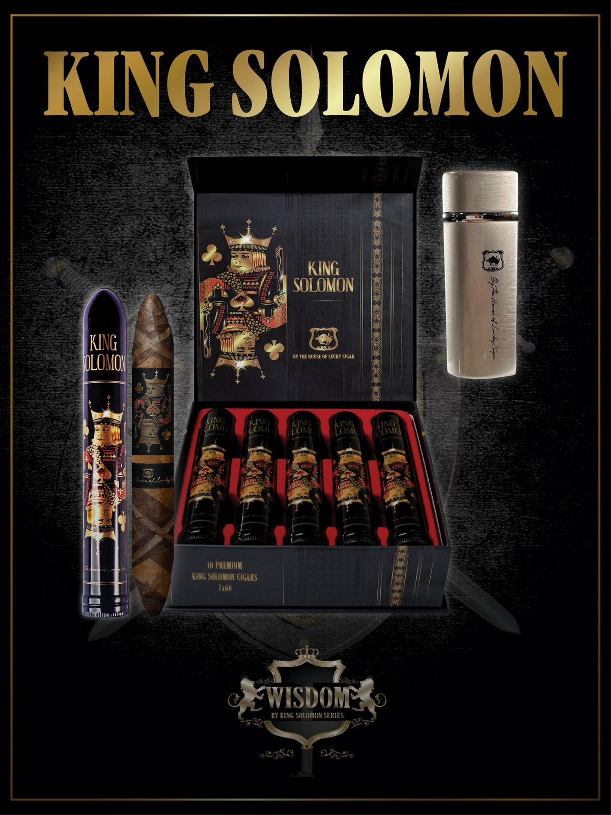 From The King Solomon Series: Box of 10 Solomon 7x60 Cigars with Torch Set
