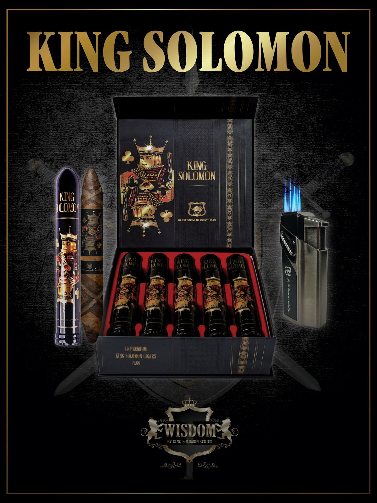 From The King Solomon Series: Box of 10 Solomon 7x60 Cigars with Torch Set