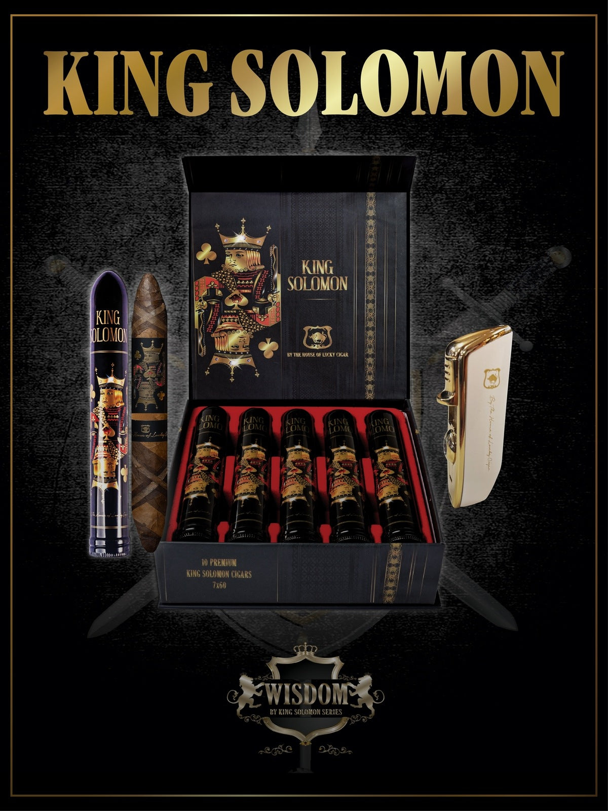 From The King Solomon Series: Box of 10 Solomon 7x60 Cigars with Torch Set
