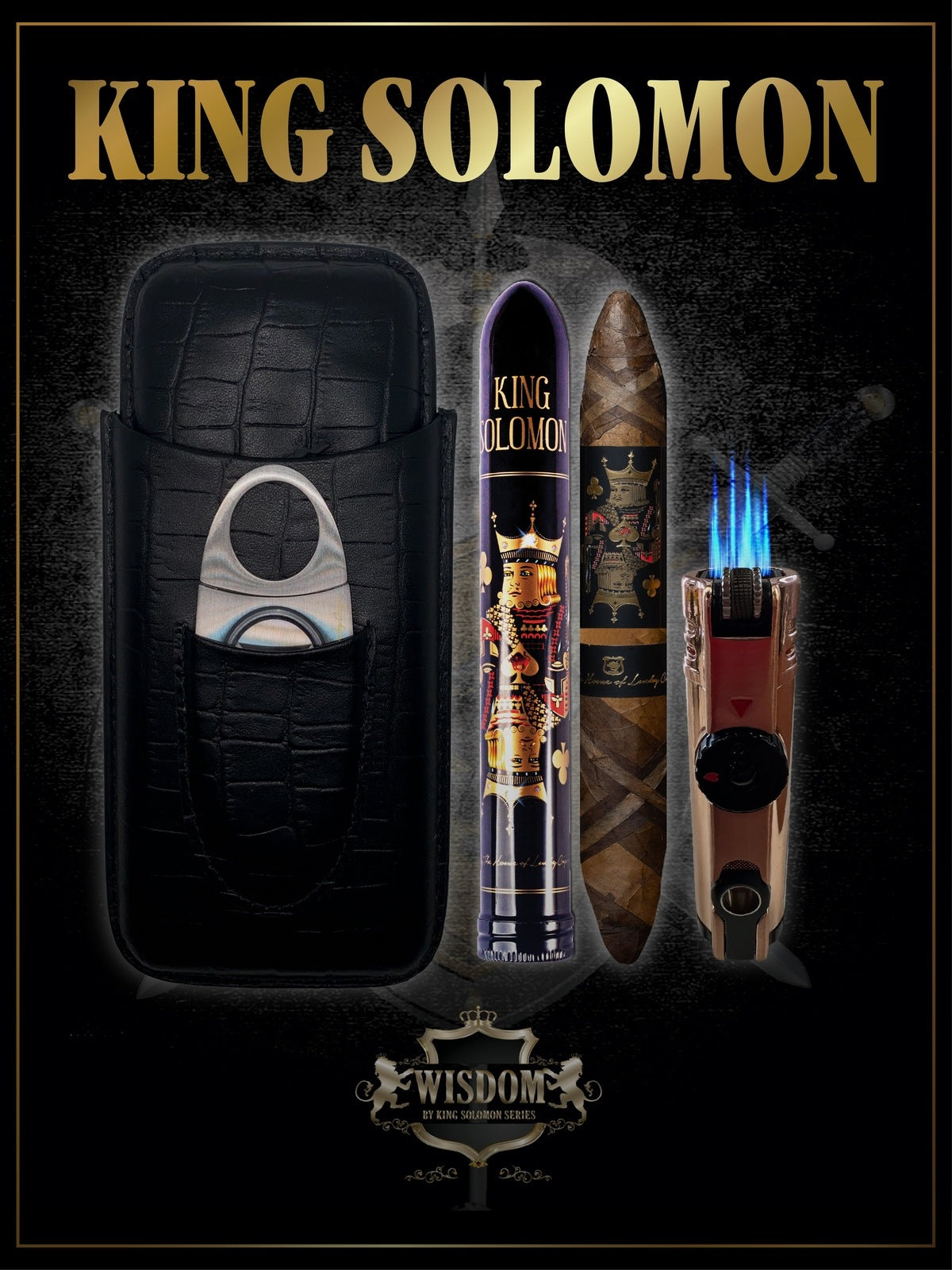 From The King Solomon Series: 1 Solomon 7x60 Cigars with Travel Humidor, Cutter, Gun Torch Set