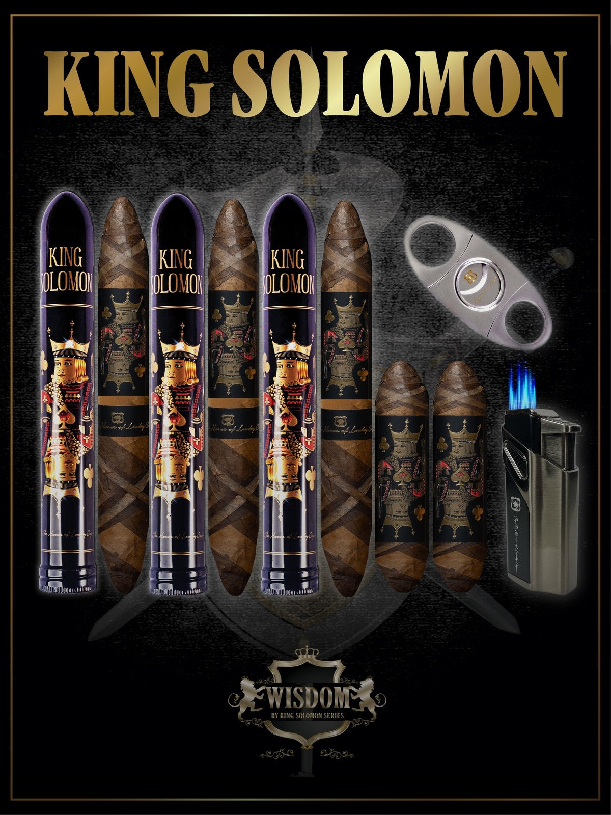 Wisdom 4x60 Cigar From The King Solomon Series: Set of 2 and 3 King Solomon 7x58 Cigar with Cutter and Lighter