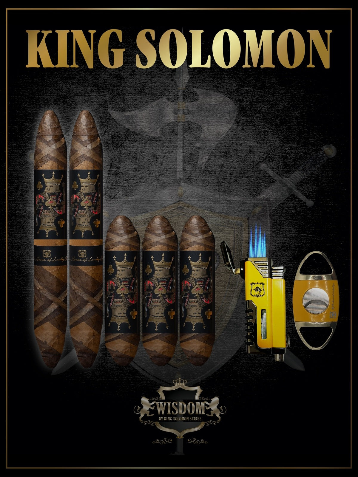 Wisdom 4x60 Cigar From The King Solomon Series: Set of 3 and 2 King Solomon 7x58 Cigar with Cutter and Lighter