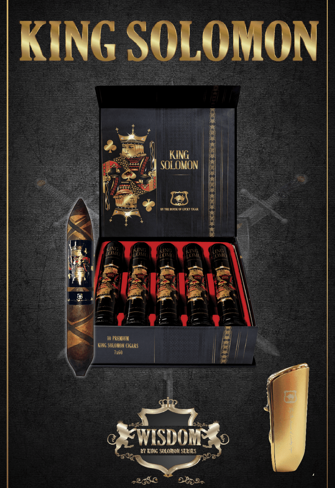 From The King Solomon Series: Box of 10 Solomon 7x60 Cigars with Gun Torch Set