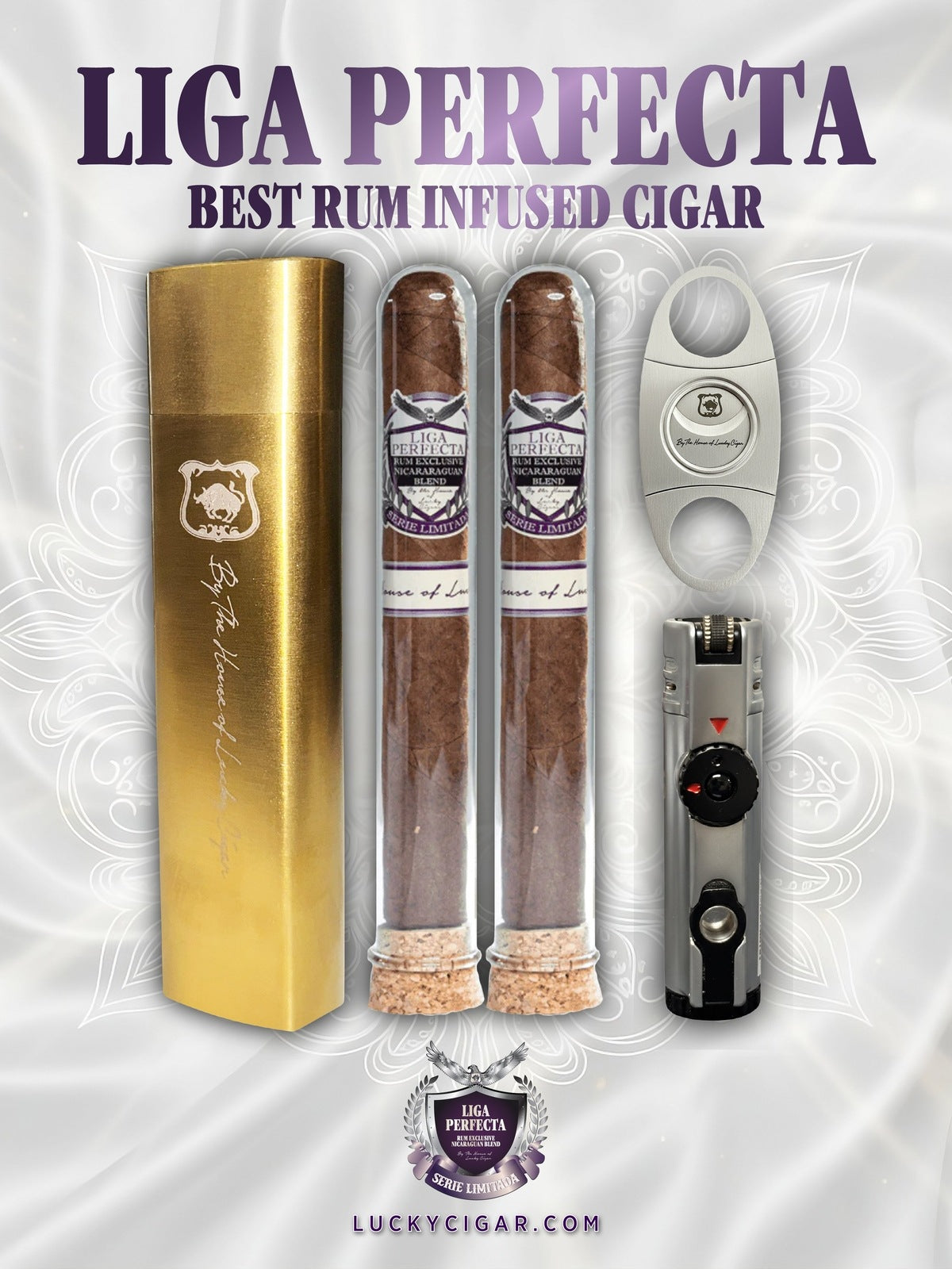 Rum Cigars: Liga Perfecta Set - 2 Habano Toro Cigars in Glass with Travel Humidor, Cutter, Lighter