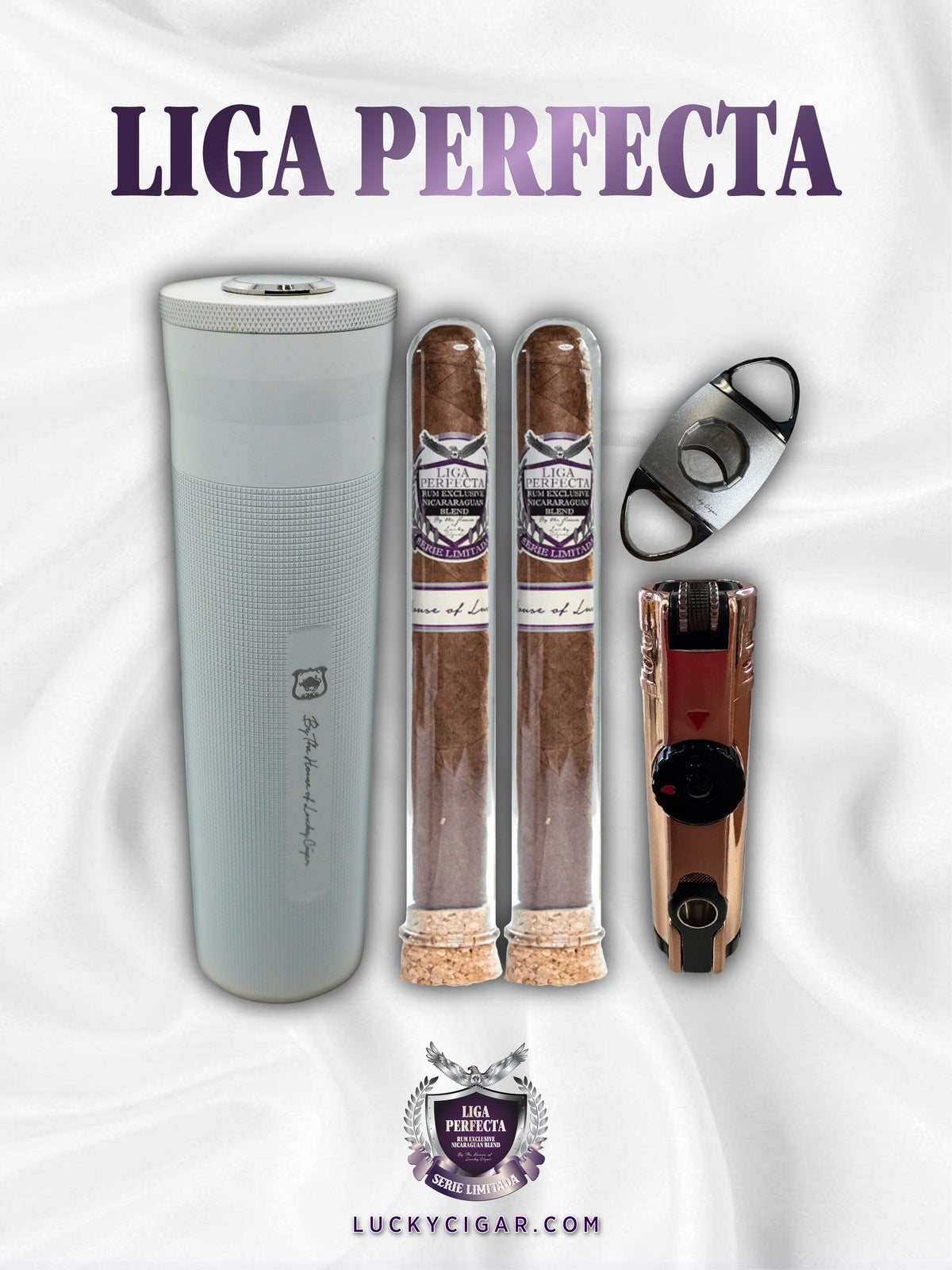Rum Cigars: Liga Perfecta Set - 2 Habano Titan Cigars with Travel Humidor, Cutter, Lighter