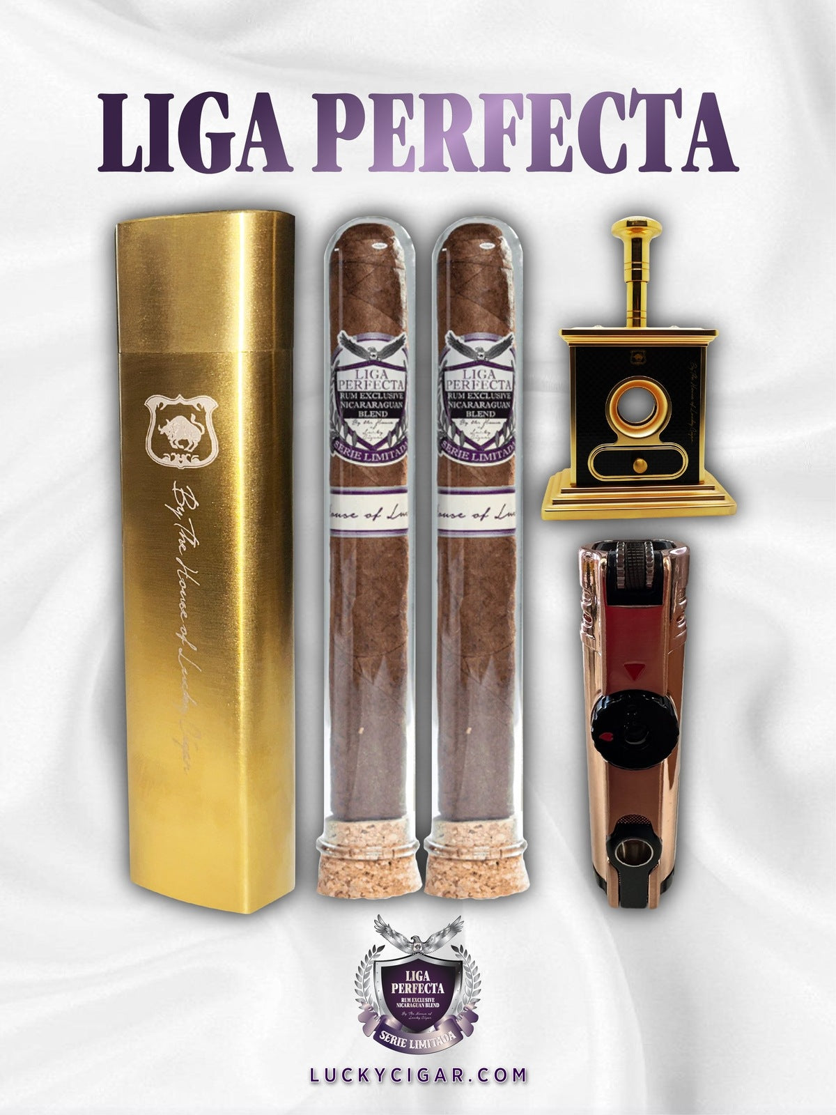Rum Cigars: Liga Perfecta Set - 2 Habano Toro Cigars in Glass with Travel Humidor, Cutter, Lighter