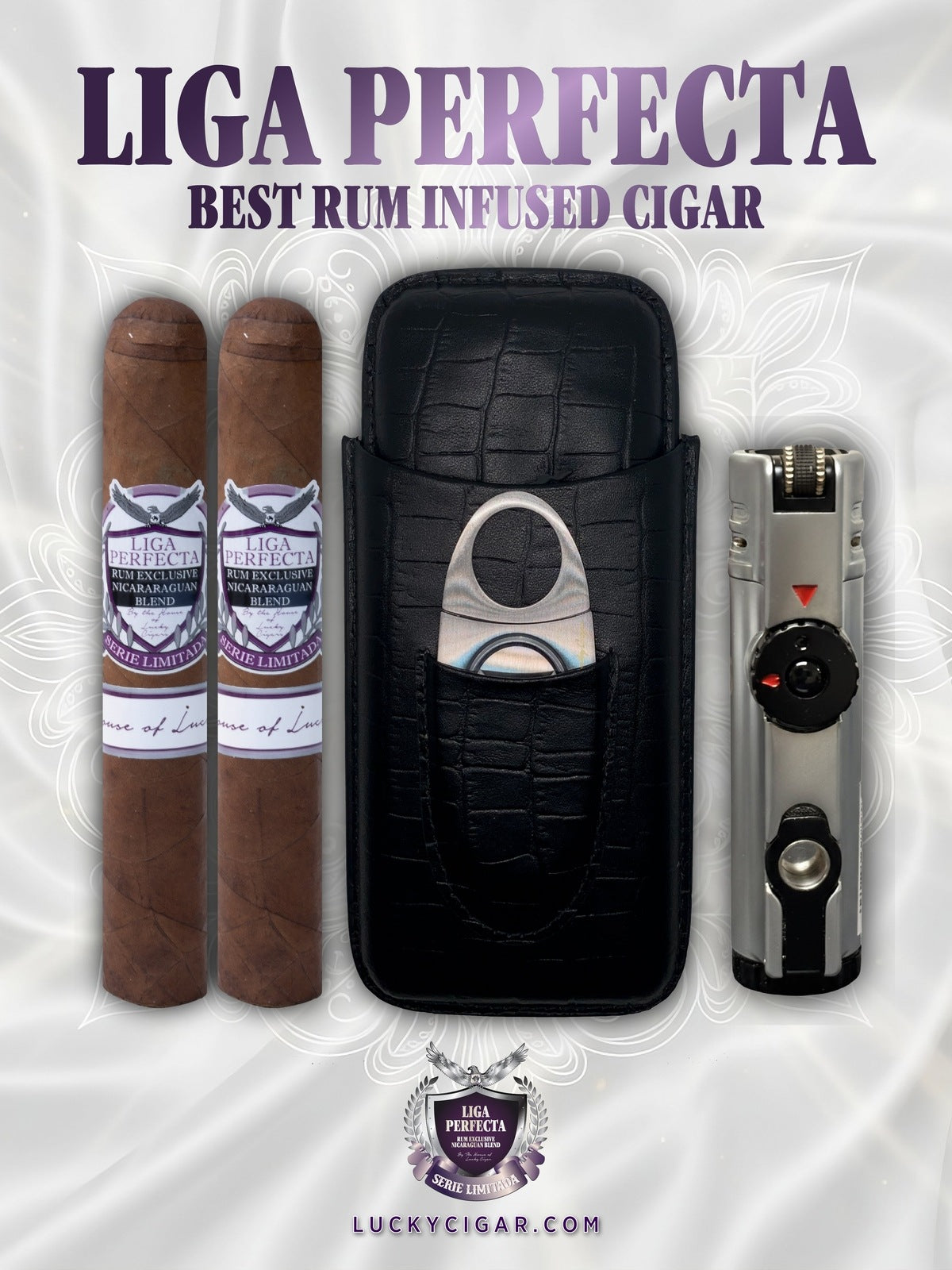 Rum Cigars: Liga Perfecta Set - 2 Habano Toro Cigars with Travel Humidor, Cutter, Lighter