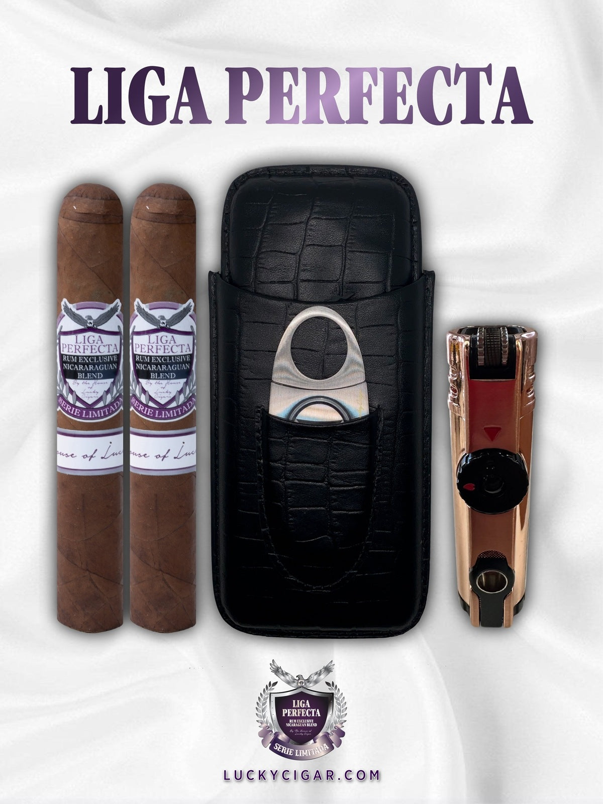 Rum Cigars: Liga Perfecta Set - 2 Habano Toro Cigars with Travel Humidor, Cutter, Lighter