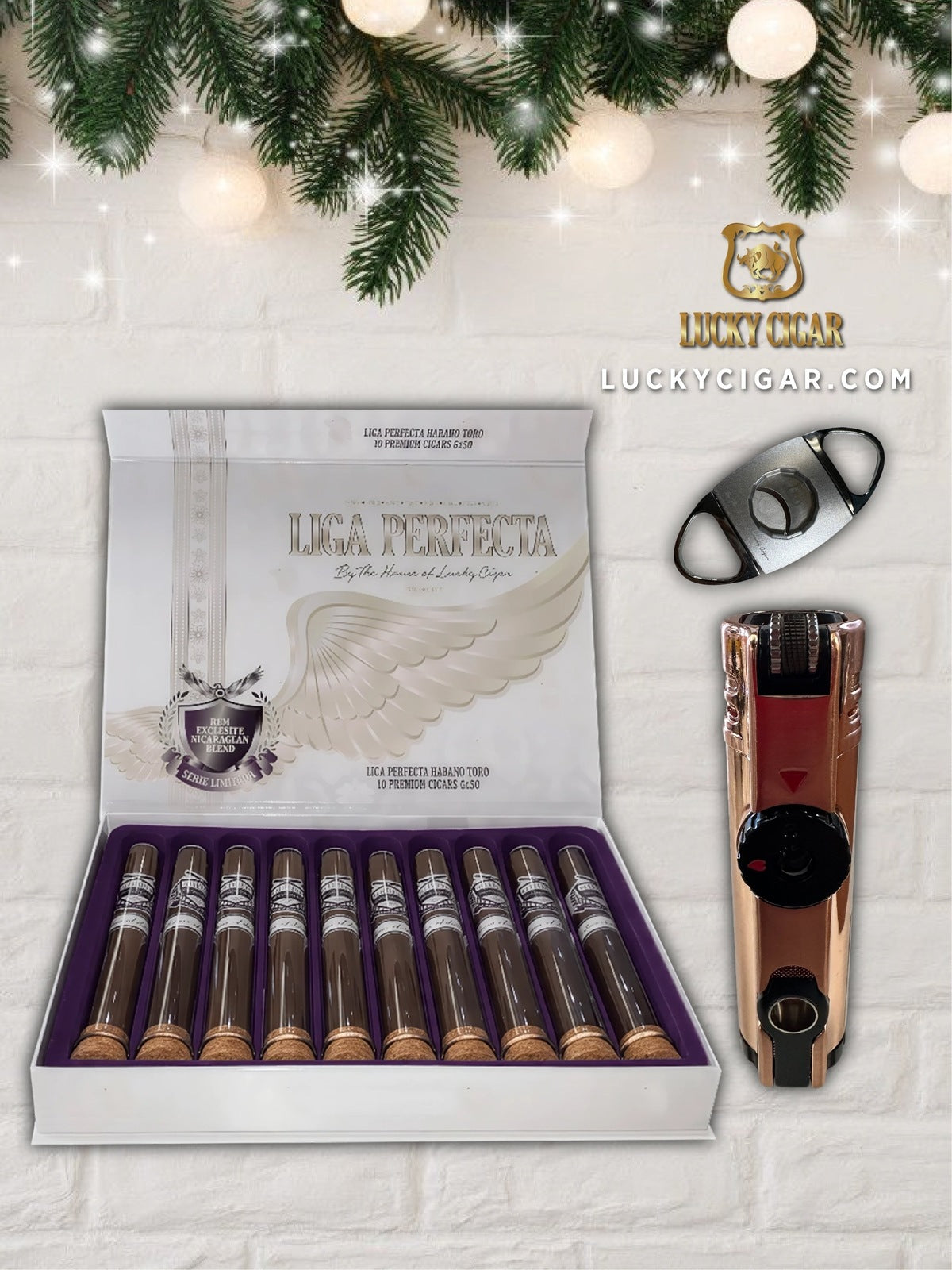 Cigar Gift Sets: Liga Perfecta 7x50 Box of 10 with Cutter, Torch