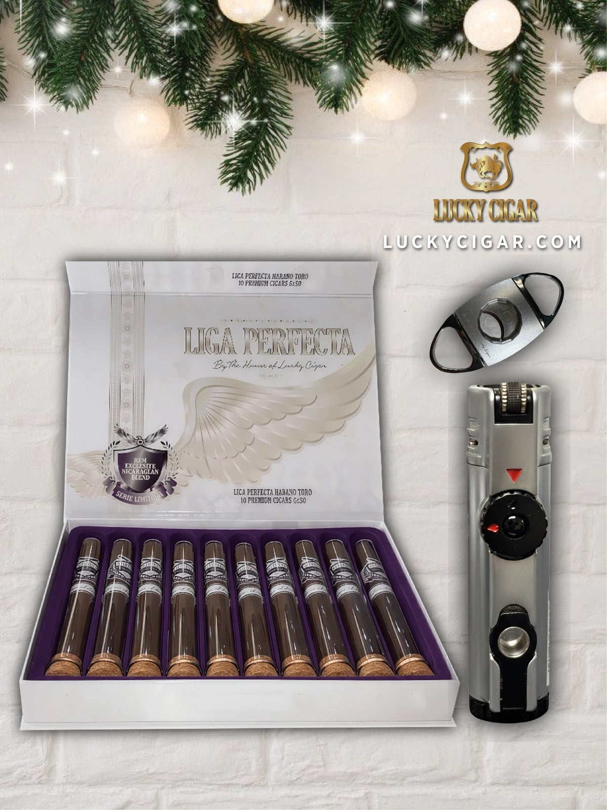 Cigar Gift Sets: Liga Perfecta 7x50 Box of 10 with Cutter, Torch